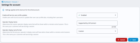 Settings for account screen displaying global account settings. Options include enabling self-service user profile updates (set to Enabled), setting the operator display name format (set to Custom), and entering a custom operator display name (set to "Supported by 247connect"). Cancel and Save buttons appear at the bottom.